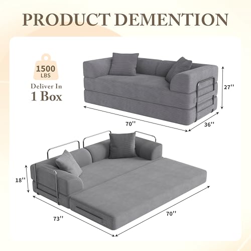 5-in-1 Convertible Corduroy Sofa Bed - 70" Folding Futon Couch (Gray)