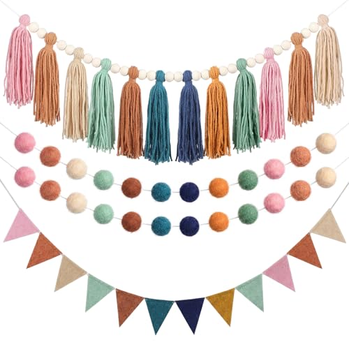 4-Piece Boho Tassel and Pompom Garland Set for Classroom and Party Decor