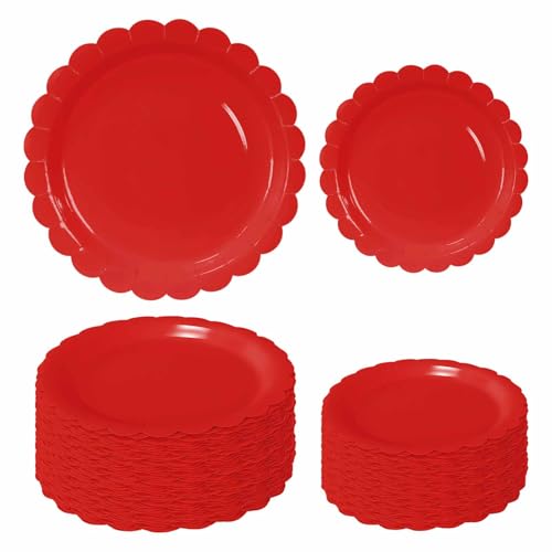 50 Pcs Red Scalloped Paper Plates 25 × 7'' and 9'' Disposable Dinner