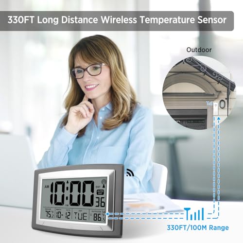 Atomic Self-Setting Digital Wall Clock with Indoor/Outdoor Temperature Sensor