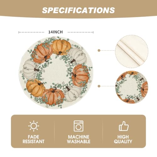 Artoid Mode Pumpkin Eucalyptus Round Fall Placemats Set of 4 - 14 Inch Beige & Orange