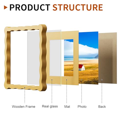 Chrspk 8x8 Yellow Wavy Picture Frame with 6x6 Mat, Real Glass