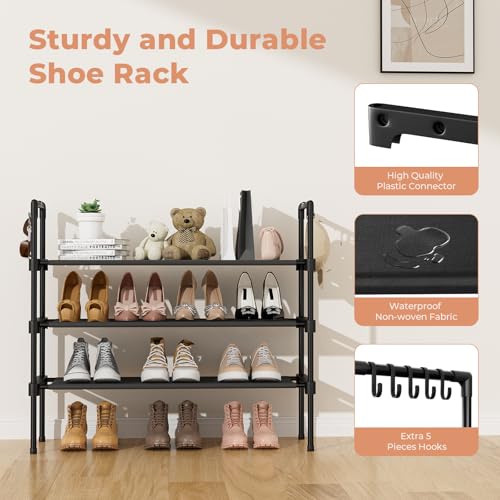 3-Tier Free Standing Shoe Rack Organizer with 5 Side Hooks, Stackable Shelf