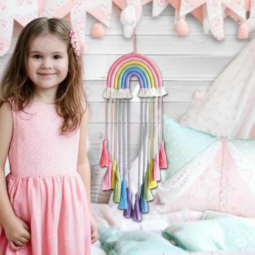 Hand-Woven Rainbow Macrame Wall Hanging - Boho Cotton Tassel Nursery Decor