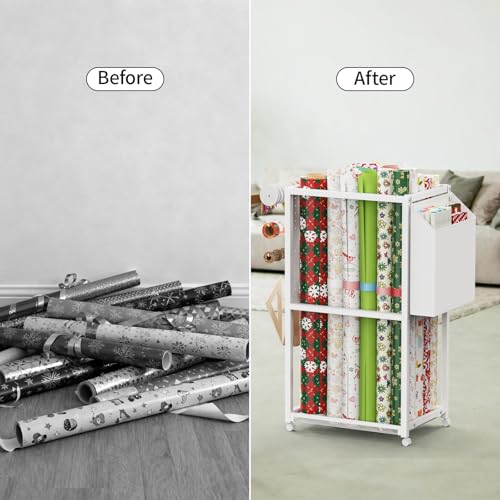 Rolling Metal Wrapping Paper Storage Cart with Wheels and 16 Straps