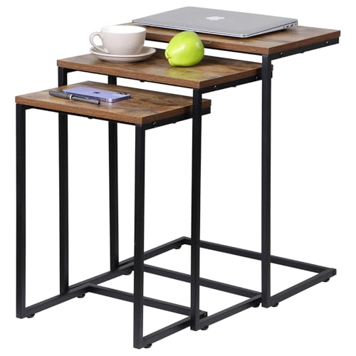 3-Piece Nesting End Table Set, C-Shaped Industrial Side Tables for Small Spaces