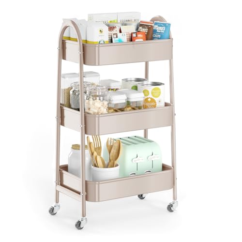 3-Tier Metal Utility Rolling Cart with Handle and Lockable Wheels