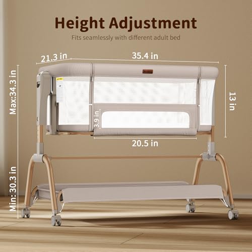 3-in-1 Baby Bedside Bassinet, Adjustable Rocking Crib with Mesh & Mattress