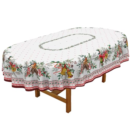 Christmas Holly Oval Tablecloth 72x54 Inches Red Holiday Decor Washable