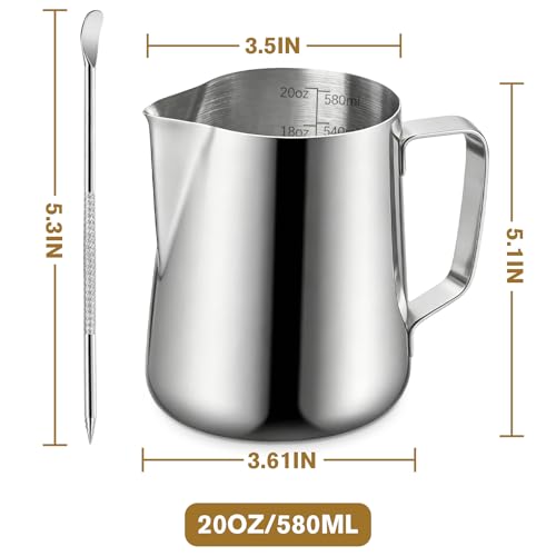 Stainless Steel Milk Frothing Pitcher (600ml/20oz) with Latte Art Pen