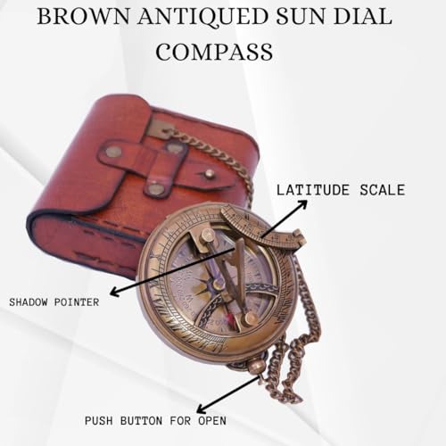 Handcrafted Antique Brass Sundial Compass with Protective Leather Case