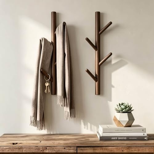 Wooden Wall Mount Coat Rack - 4-Hook Tree Branch Design (2 Pack)