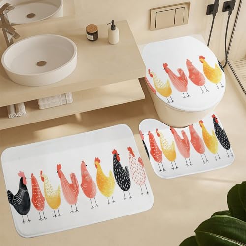 3-Piece Chicken Pattern Bathroom Rug Set - Non-Slip Coral Fleece Bath Mats