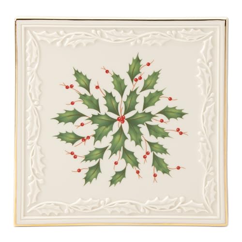 Lenox Holiday Porcelain Christmas Trivet - 6 Inch, Ornate Holly Leaf Design, Gold Accents