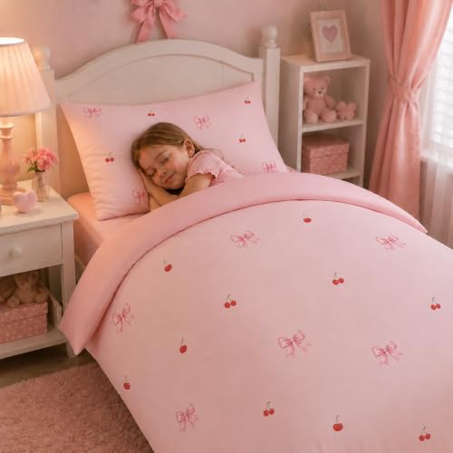 Twin Size Pink Bow Duvet Cover Set - Soft Microfiber Bedding for Girls