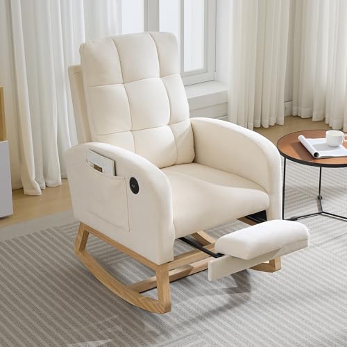 Modern Nursery Rocking Chair with Glider, Footrest, and USB Port - Beige
