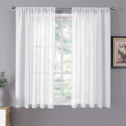 White Linen Textured Short Sheer Curtains - Light Filtering (54 x 45 in, Set of 2)