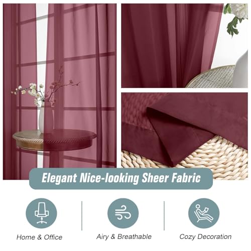 Ebesto Burgundy 2-Pack Sheer Curtains 42x84 inches Dual Rod Pocket