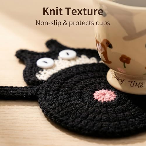 Graceice 3pcs Cat Woven Coasters - Cute Hand Knitted Drink Protectors for Cat Lovers
