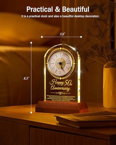 50th Wedding Anniversary Crystal Clock with LED Wooden Light Base