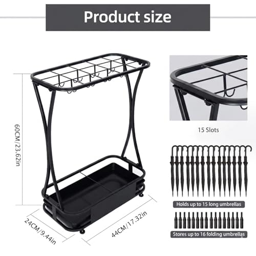 15-Slot Heavy Duty Metal Umbrella Stand with 8 Hooks and Drip Tray