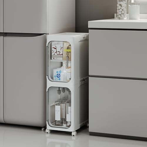 Slim Bathroom Storage Cabinet, 2-Tier Rolling Organizer with Clear Doors