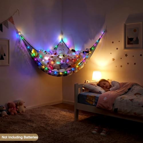 Stuffed Animal Hammock with LED Lights - Corner Toy Storage Organizer
