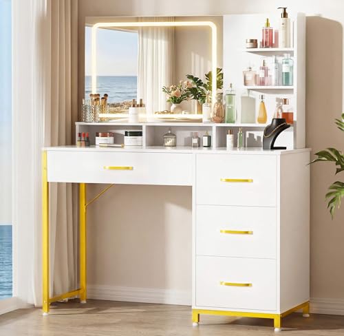 Modern Makeup Vanity Desk with Lighted Mirror, 4 Drawers & Storage Shelves