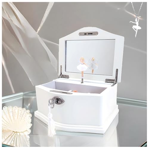 White Wooden Ballerina Musical Jewelry Box with Mirror and Lock