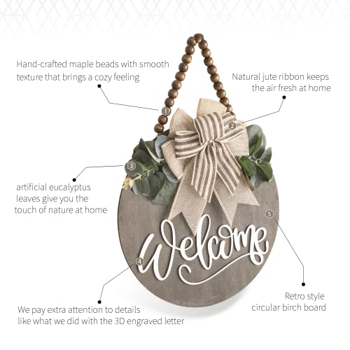 12-Inch Round Wooden Welcome Sign for Front Door - Farmhouse Porch Decor