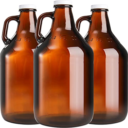 64 oz Amber Glass Growler Jugs with Lids - 3 Pack for Home Brewing & Storage