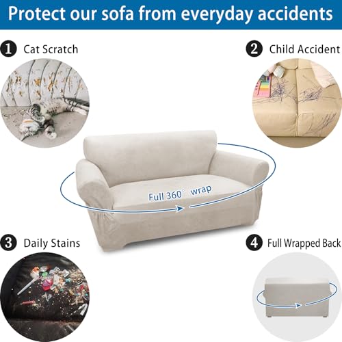 Leather Look Loveseat Sofa Slipcover - Stretch Furniture Protector, Beige