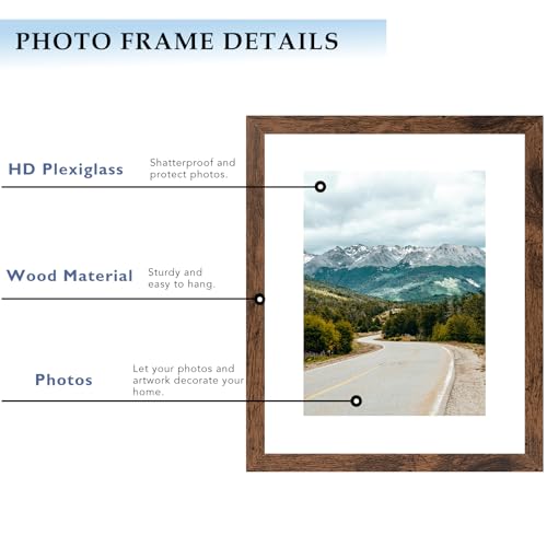 11x14 Wood Picture Frame with 8x10 Mat - Deep Brown Wall Hanging Frame