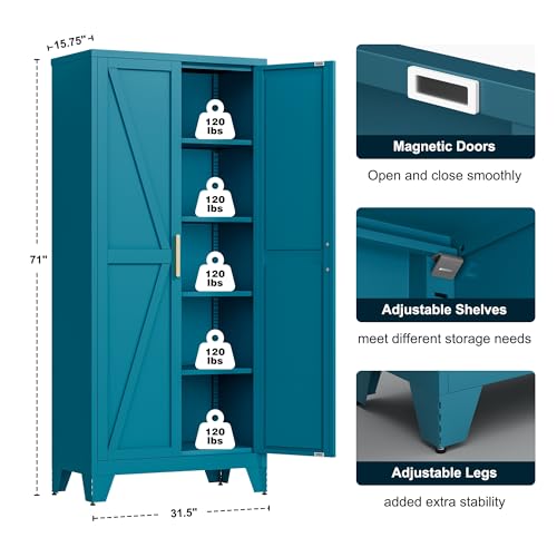 71-Inch Tall Metal Storage Cabinet with 4 Adjustable Shelves, Blue