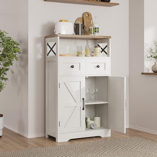 Farmhouse Storage Cabinet with 2 Drawers and Barn Doors, White Pantry