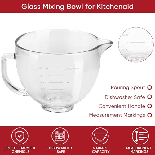 5-Quart Glass Mixing Bowl for Tilt-Head Stand Mixers with Pour Spout