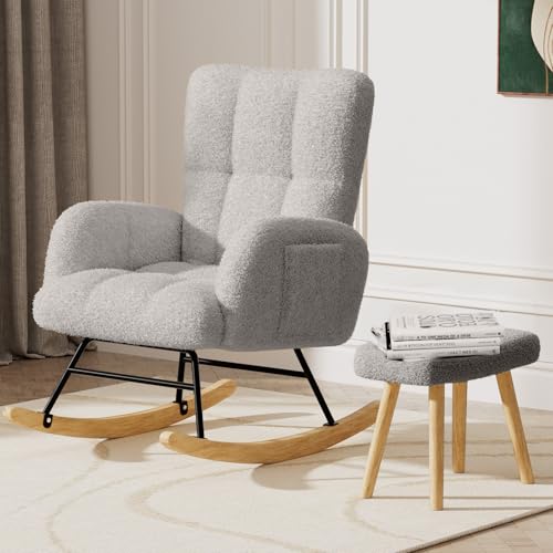 Teddy Upholstered Rocking Chair with Ottoman and Side Pockets