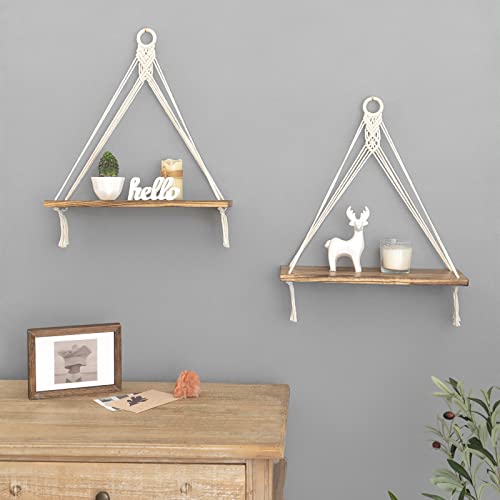 Boho Macrame Hanging Wall Shelves - Set of 2 Floating Wood Shelves