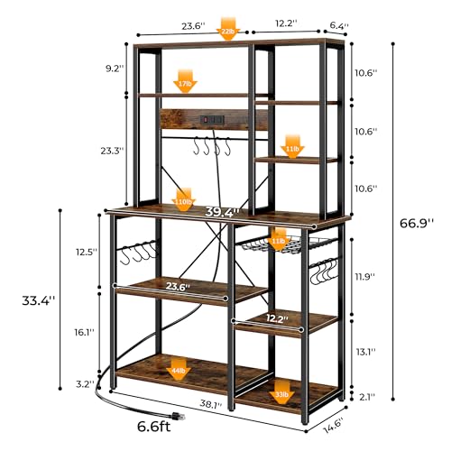 Large 6-Tier Bakers Rack with Power Outlets & Microwave Stand - Rustic Brown