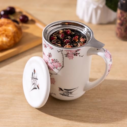 AmorArc Peach Blossom Tea Cup with Infuser & Lid, 18oz Loose Leaf Mug