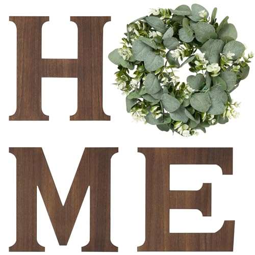 Rustic Farmhouse HOME Wall Sign with Artificial Eucalyptus Wreath Decor