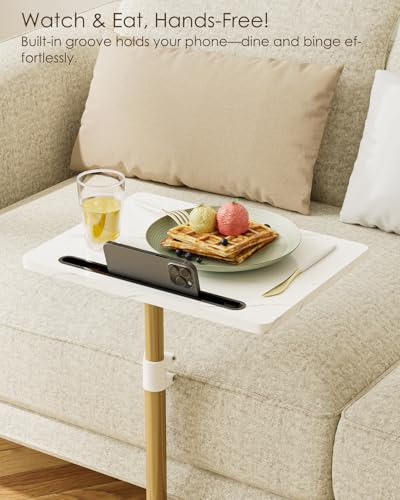 Adjustable C-Shaped Side Table, 360° Swivel Couch Snack Tray, Marble White