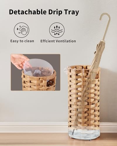 Hand Woven Rattan Umbrella Stand with Drip Tray and 4 Hooks, 16.5-inch
