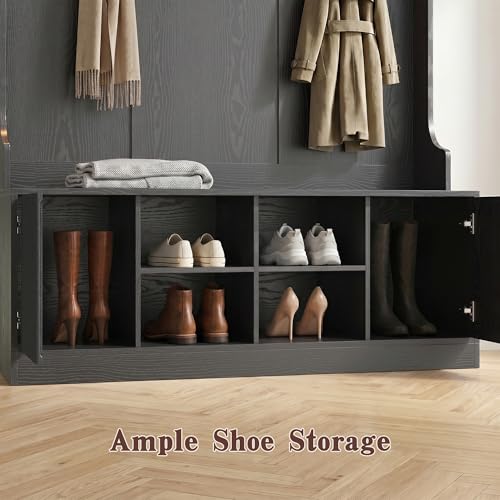 5-in-1 Hall Tree with Shoe Bench, LED Motion Sensor Light, and Storage