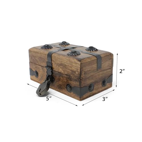 Small Wooden Treasure Chest Box with Antique Iron Lock and Skeleton Key