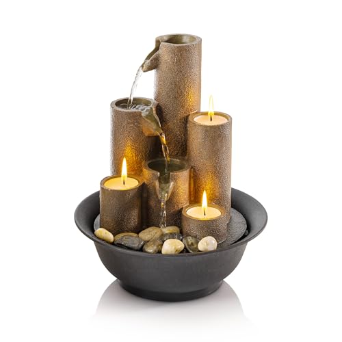 Indoor Tiered Tabletop Water Fountain with Candle Holders, 11-Inch