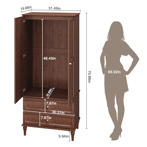 71-Inch Mid-Century Modern Wardrobe Closet with Hanging Rod and Drawers