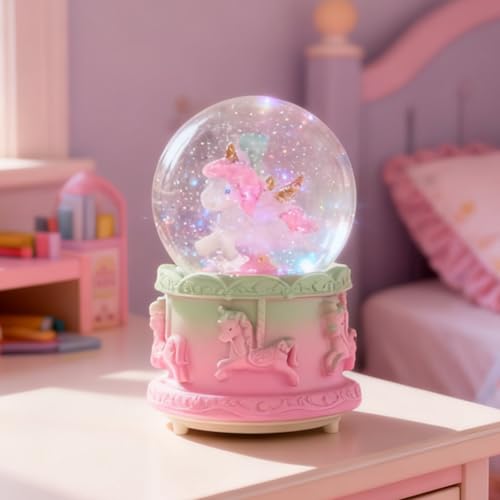 Unicorn Music Snow Globe with LED Lights and Automatic Snowfall Effect