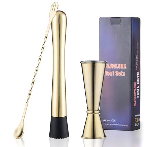Gold Muddler & Cocktail Bar Set - 10 Inch Mixing Spoon & Double Jigger - Premium 3-Piece Bar Tools for Drinks, Variation: Gold