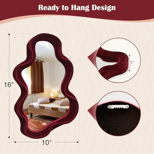 Wine Red Wavy Wall Mirror, 16x10" Flocked Cloud Decorative Mirror